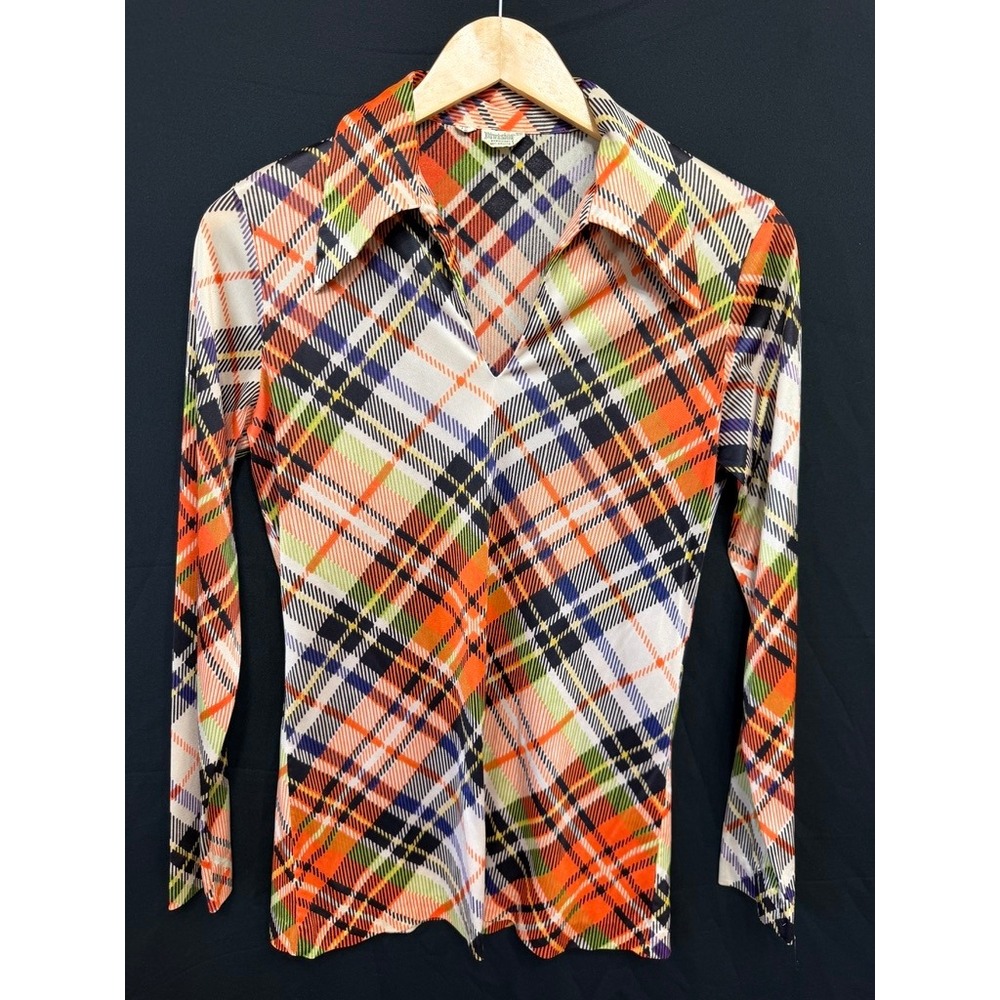 Vintage 70s Division II Diagonal Plaid Dagger Collar Disco Small/ Vintage 12